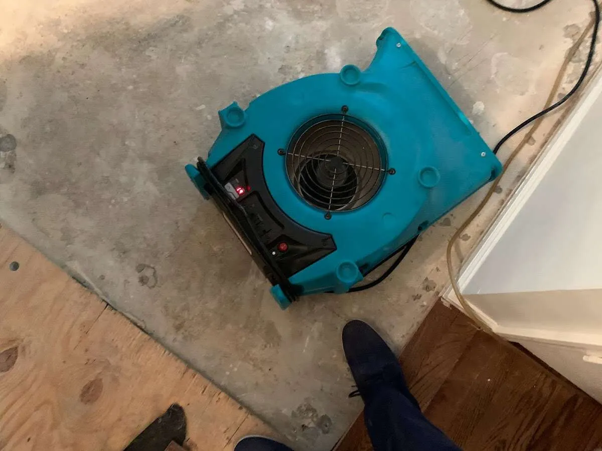 Air mover drying subfloor during Commercial Water Damage Restoration in Gallatin